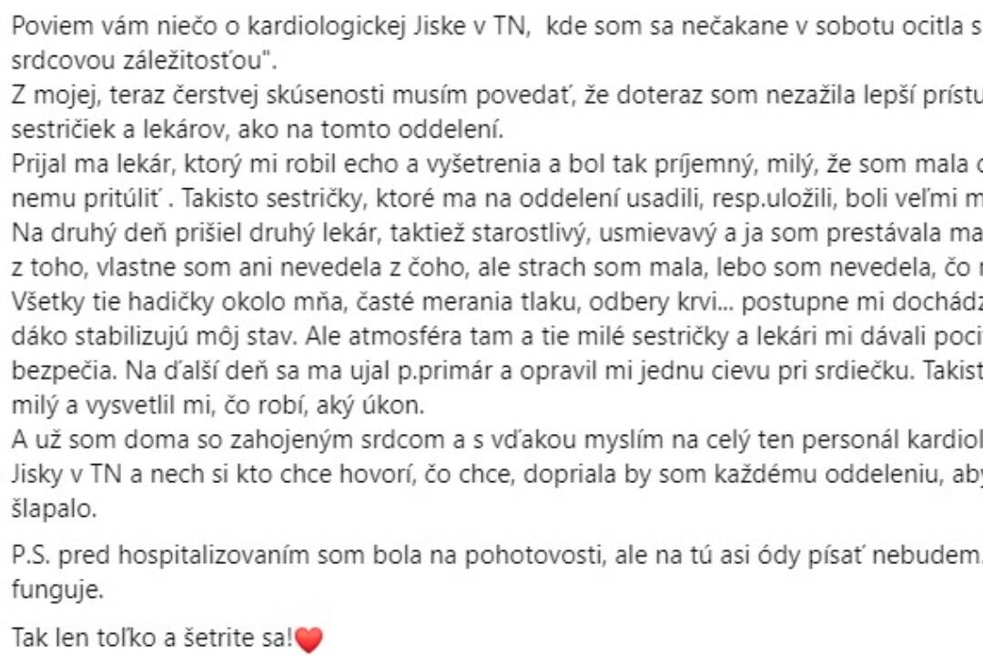 Foto: Pacientka sa nečakane ocitla na kardiológií v Trenčíne, o tejto udalosti napísala list. Ako dopadla?